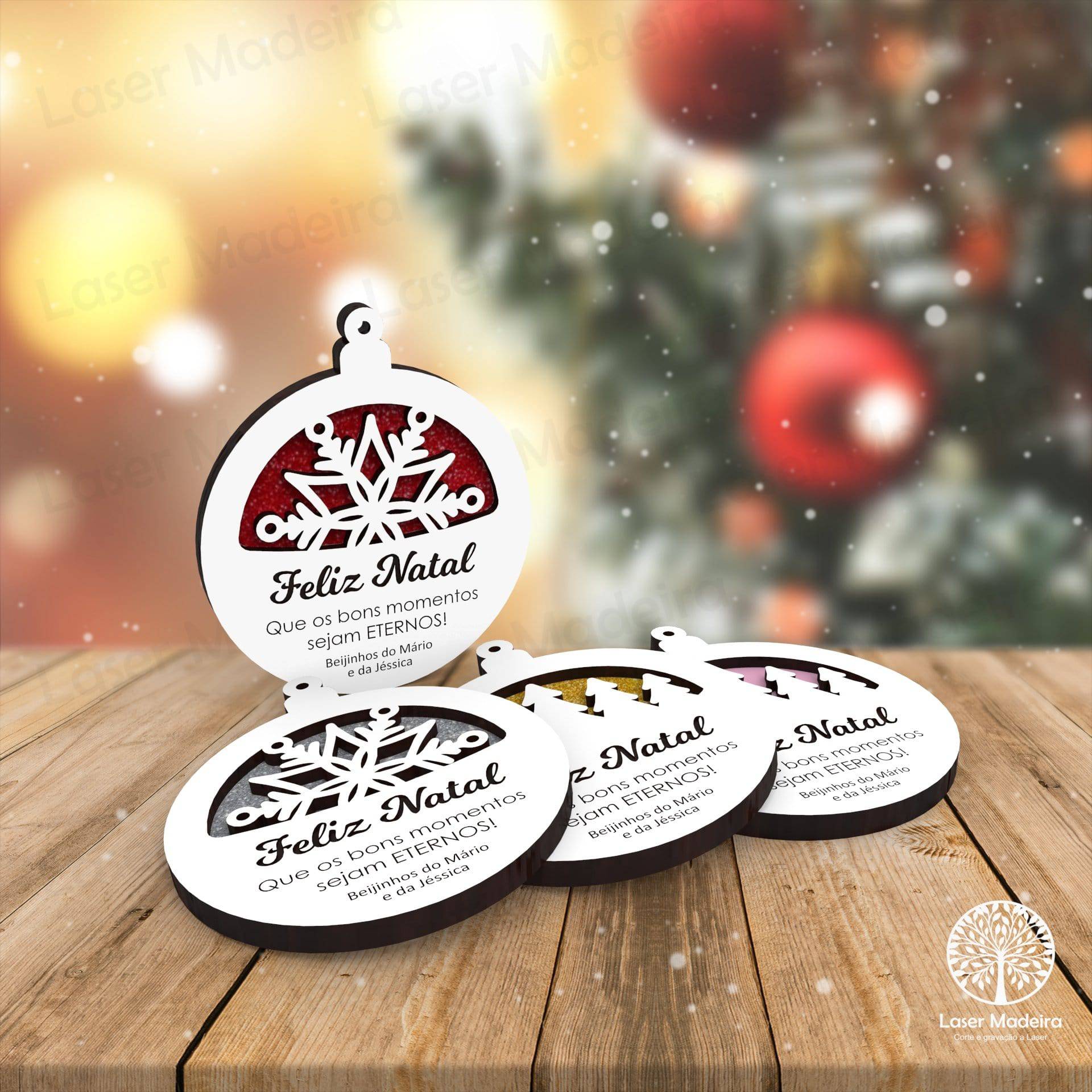 Bola de Natal Personalizada com Mensagem (com fundo) - Laser Madeira